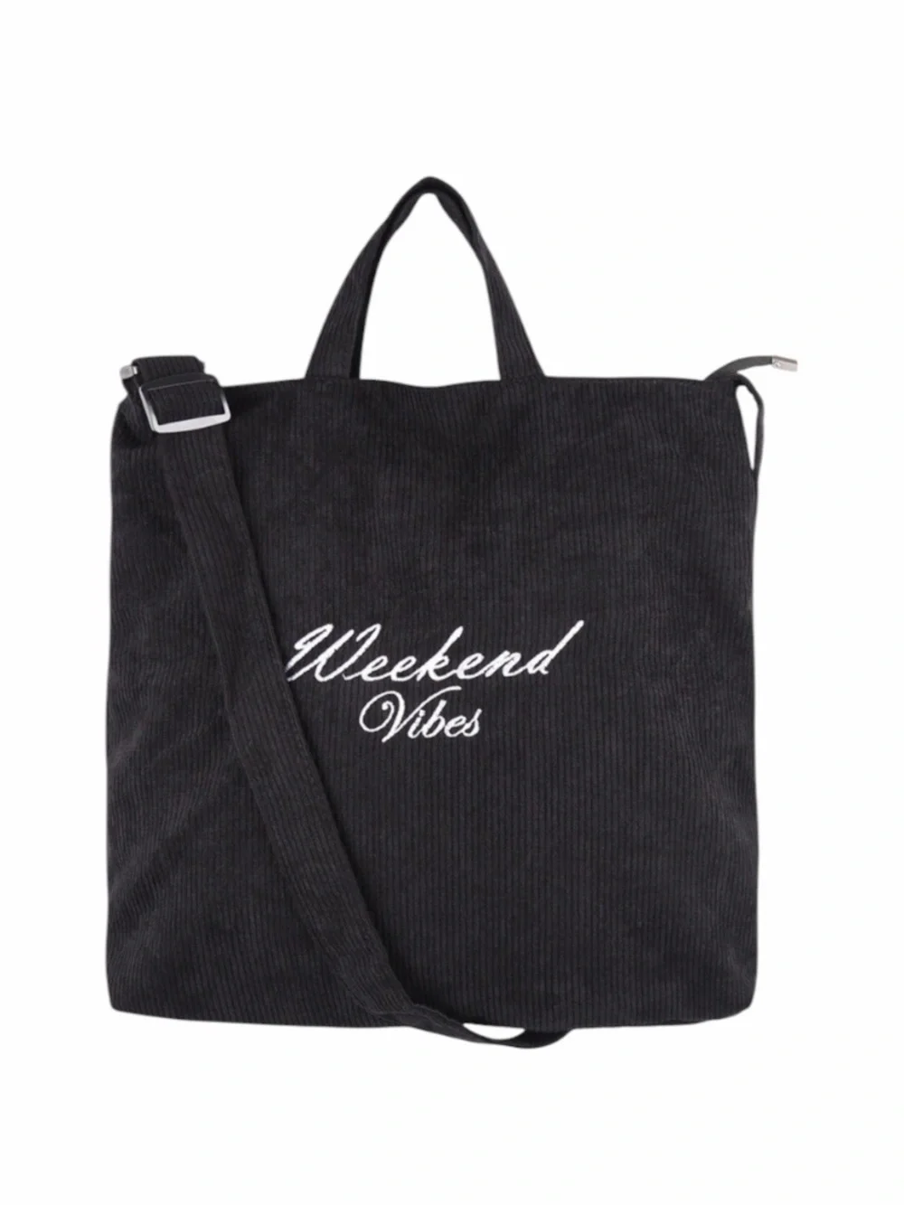 Corduroy Black Crossbody/Messenger Bag With “Weekend Vibes” Embroidered On Front